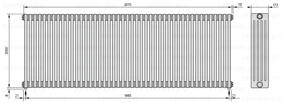 Схема (чертеж) Радиатор Zehnder Charleston 5300/45 №3570 Белый глянцевый RAL 9016